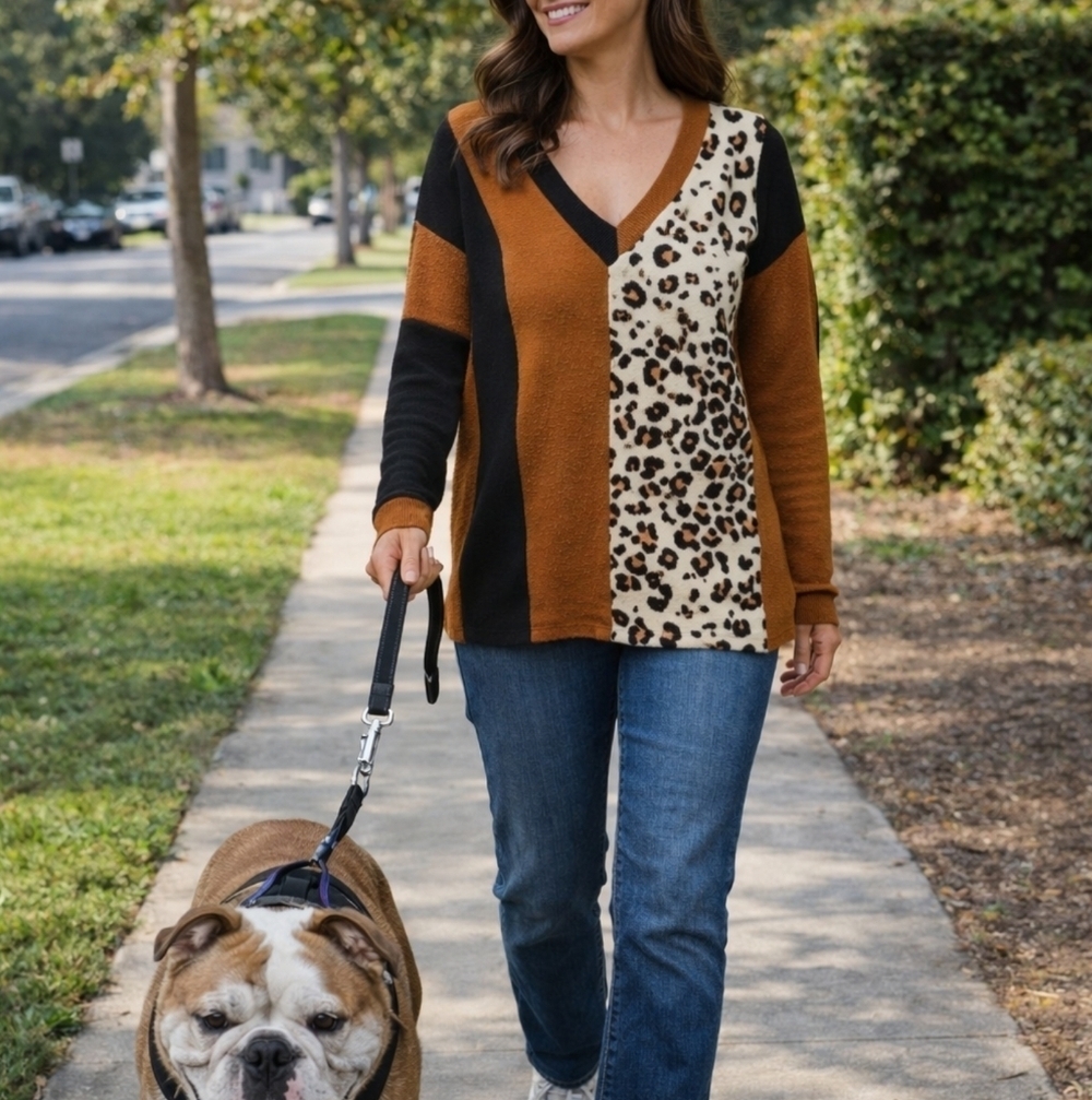 Bibi Color Block Leopard Print Sweater Medium